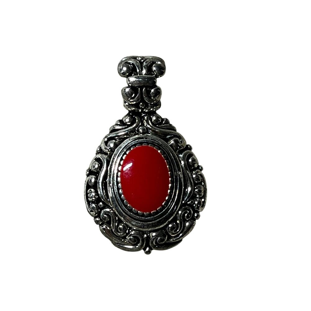 Red Cabochon Pendant Silver Tone Ornate Filigree Victorian Gothic Boho 1.5in
